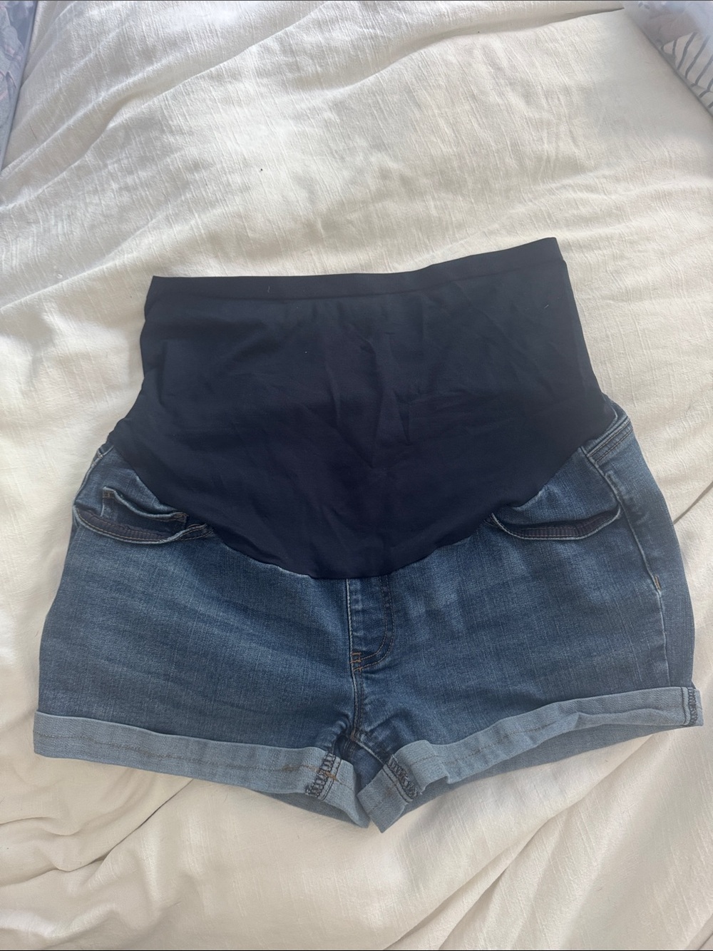 Time and Tru Blue Denim Maternity Shorts with dark  blue Panel 8-10